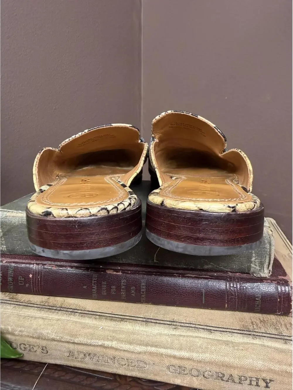 Tory Burch G Georgia mule slide loafer, snake print, gold logo buckle size 8.5